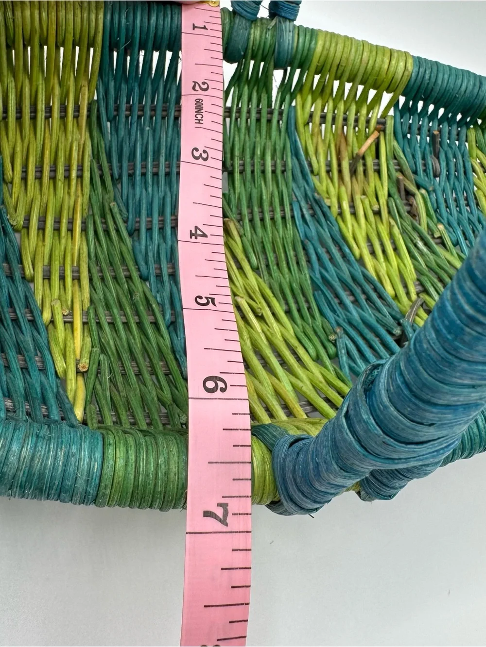 Vintage Wicker Fish Basket Shaped Fruit Bowl Colorful Hand Woven Boho Handle 70s